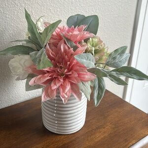 Silk floral centerpiece white vase with peachie pink, white, green silk flowers